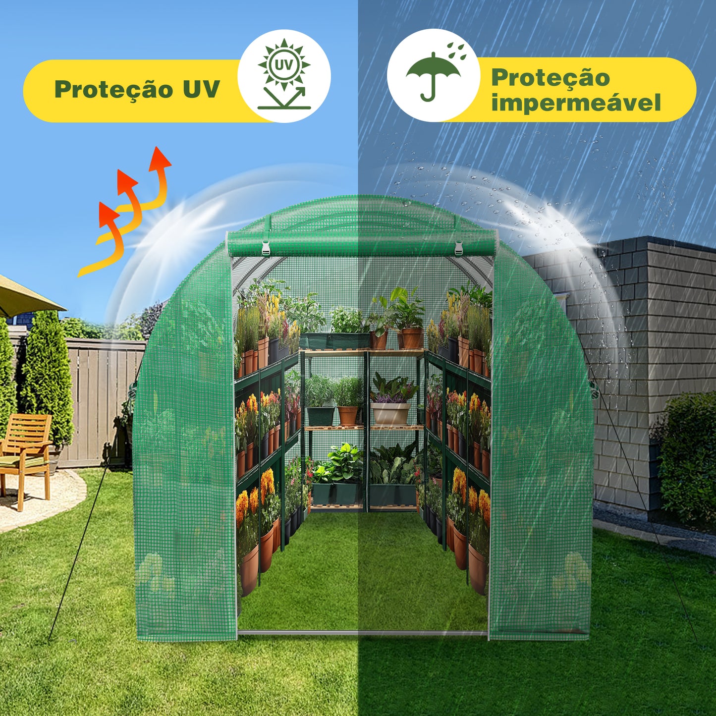 Estufa em Túnel 6m² HOMEMIYN(300x200x200 cm, Material Cobertura em Policarbonato - Verde)
