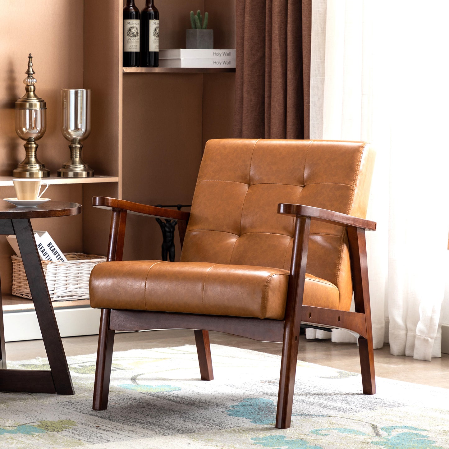 Scandinavian Leather Armchair - Caramel Brown, 67cm (W) x 76cm (D) x 76cm (H) – Mid-Century Modern Lounge Chair