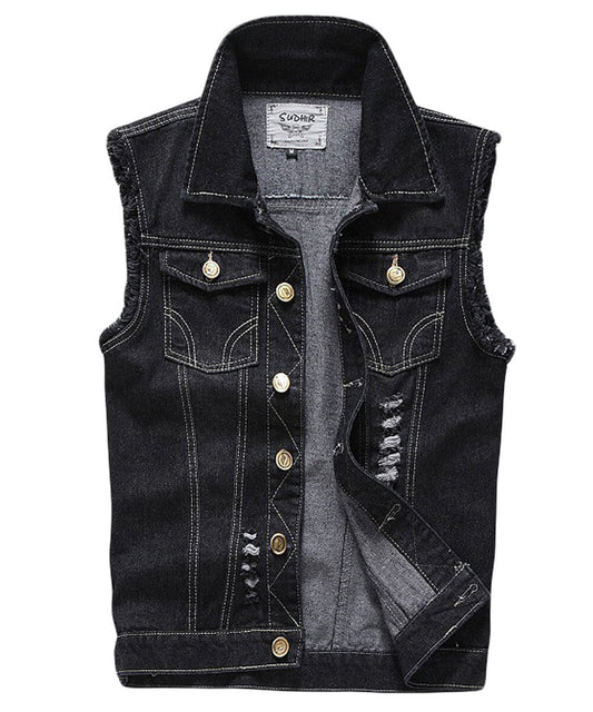 YFFUSHI Mens Ripped Denim Casual Vintage Biker Cowboy Vest