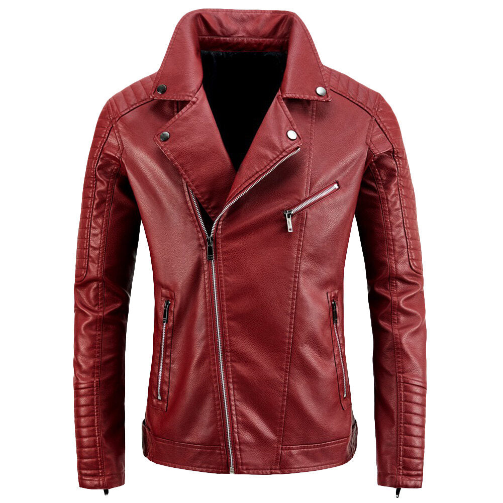 YOUTHUP Mens Slim Fit Leather Jacket with Large Lapel and Diagonal Zip