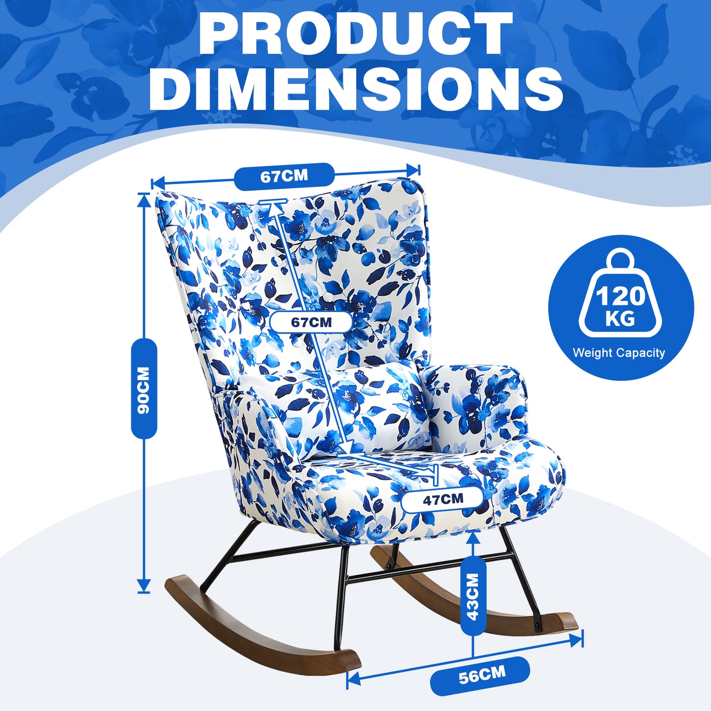 Cadeira de Balanço HomeMiYN(87x66x90cm - Tecido de Linho Falso - Azul e Branco)