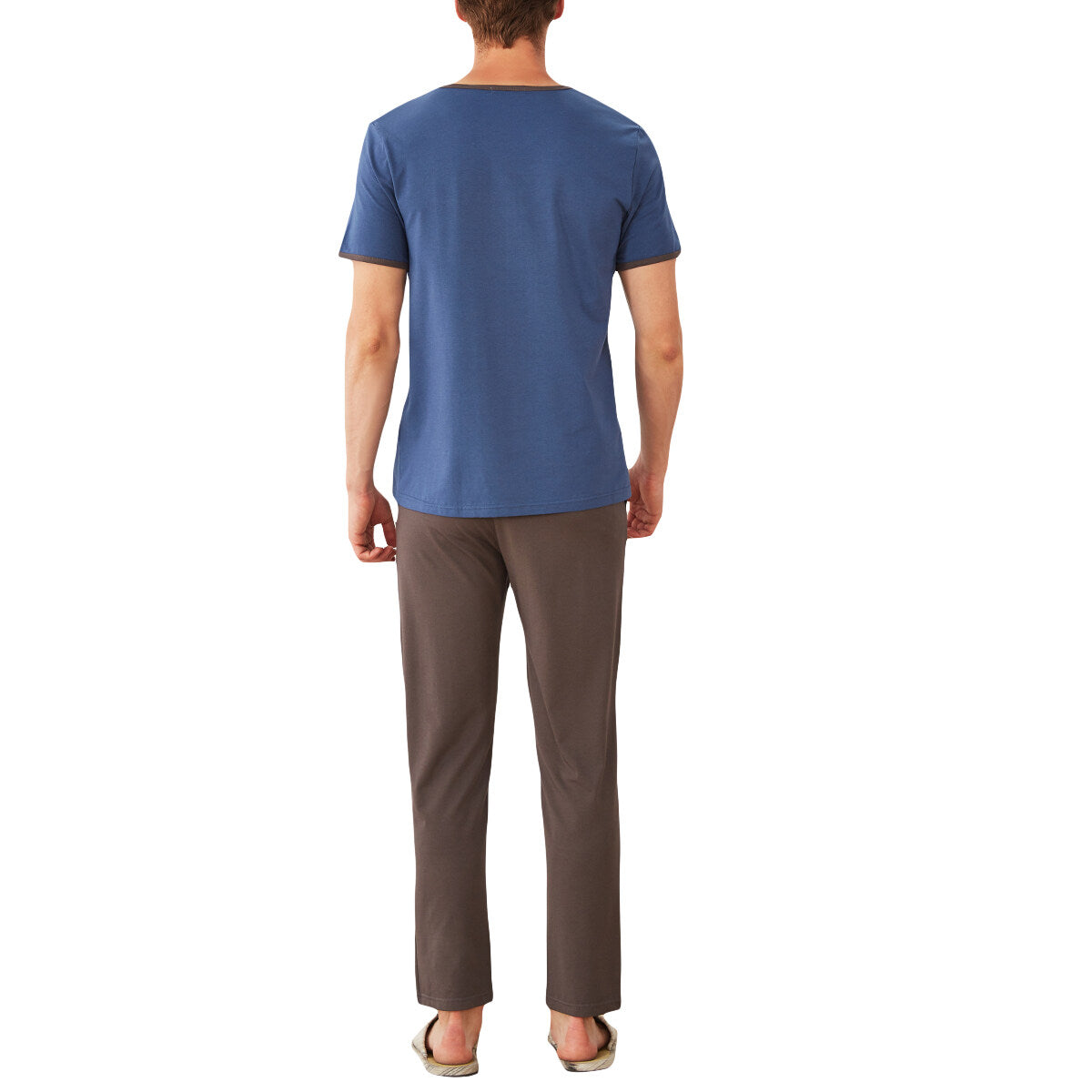 YFFUSHI Mens 2 Piece Loungewear Set Cotton Patchwork Short Sleeve Top and Long Bottoms