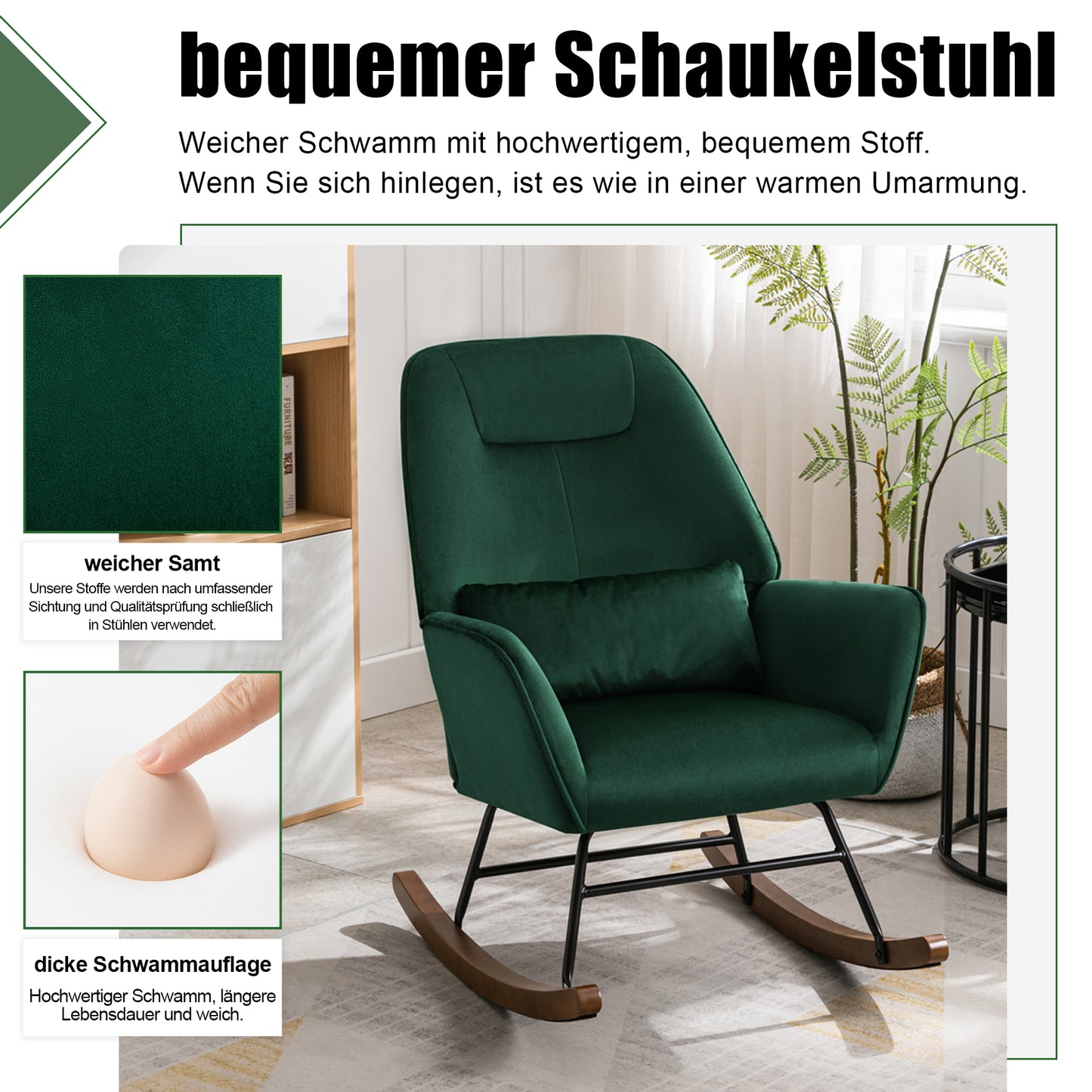Fauteuil à Bascule en Velours Vert Foncé - Confort Lombaire Ergonomique - Pour Allaitement et Salon (Bois Massif & Métal)