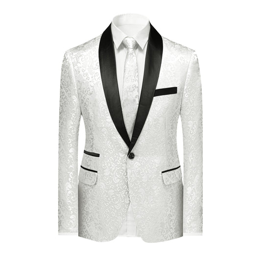 Cloudstyle Mens Floral Jacquard Dress Suit Jacket one Button Print Tux Blazer Sport White Coat