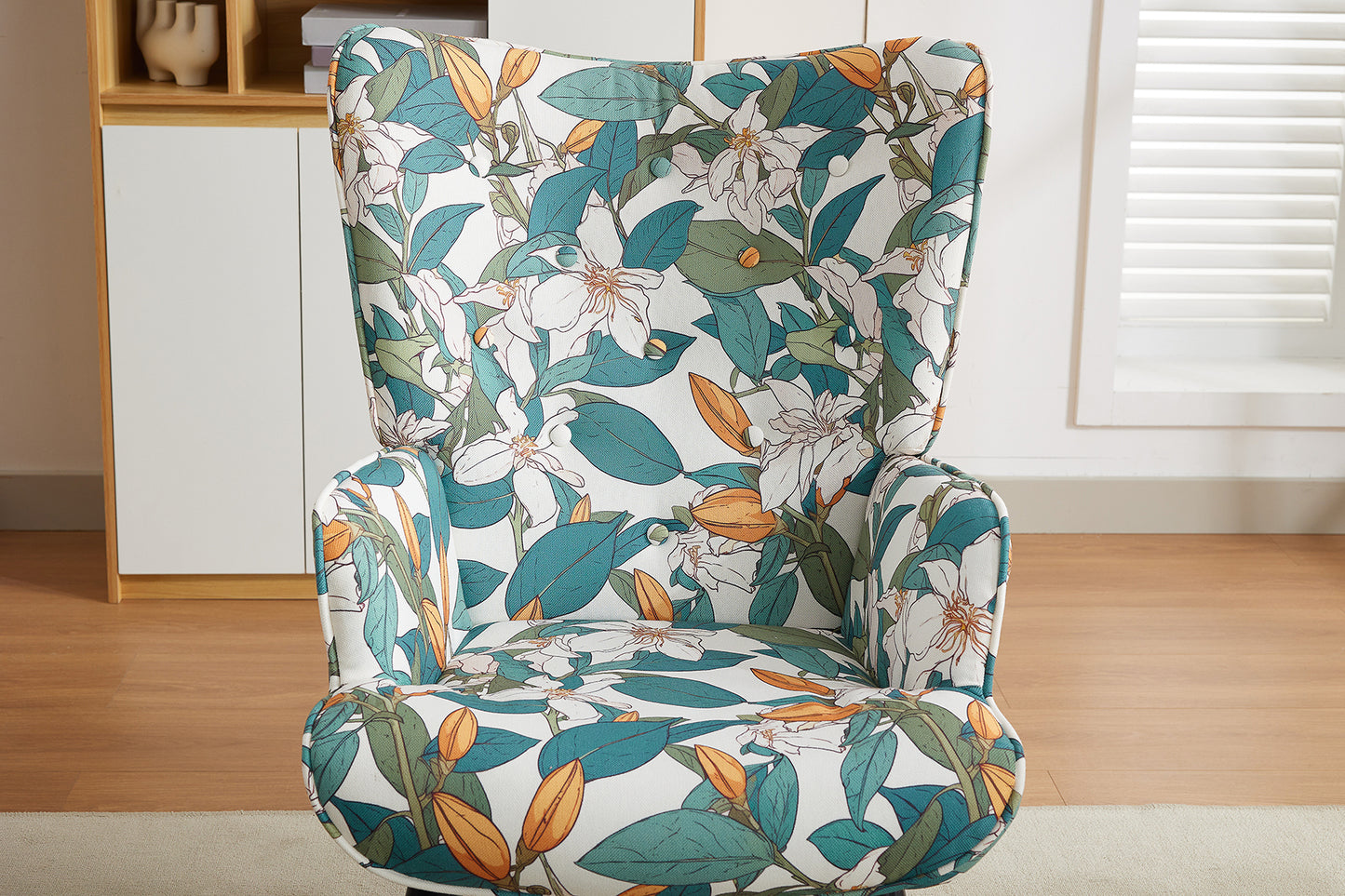 Poltrona HOMEMIYNcom Almofada e Banco ( 76x65x94 cm - Linho Falso com Estampa de Lírios- Verde/Branco）