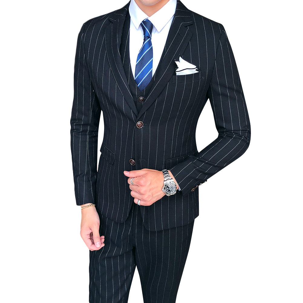Cloudstyle Mens 3 Piece Stripe Suit Set Center Vent 2 Button Tux Blazer Jacket Vest Trousers