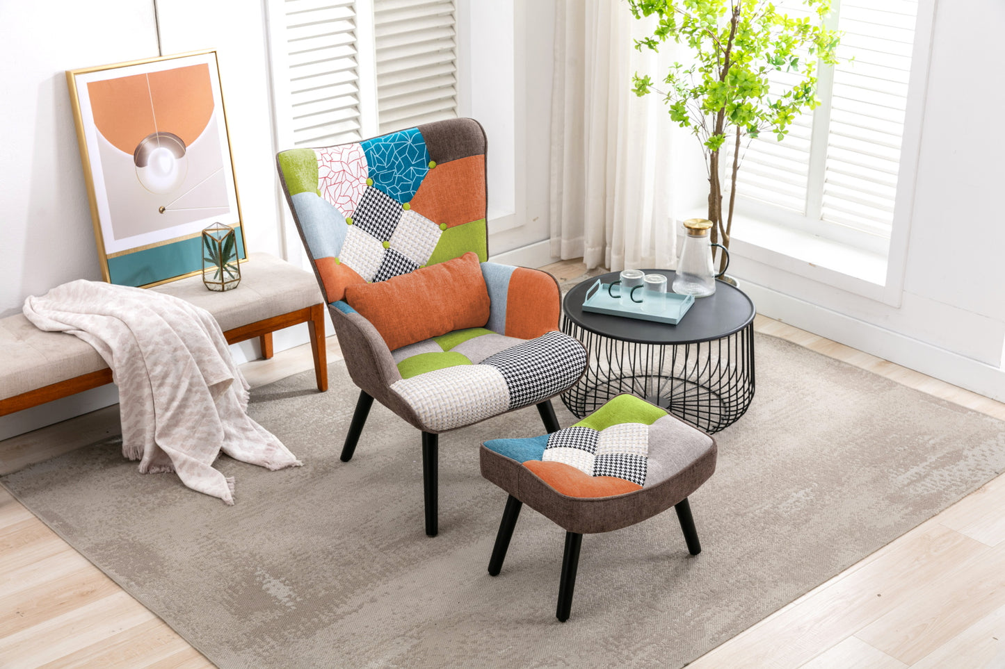 Sillón de relajación con taburetes, sillón de mosaico, sillón de orejas, sillón de habitaciones, colorido