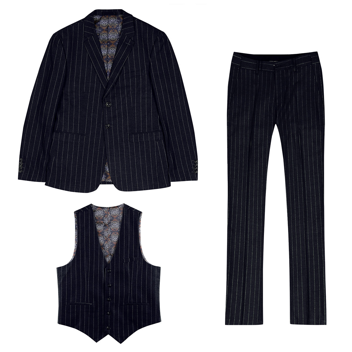 Cloudstyle Mens 3 Piece Stripe Suit Set Center Vent 2 Button Tux Blazer Jacket Vest Trousers