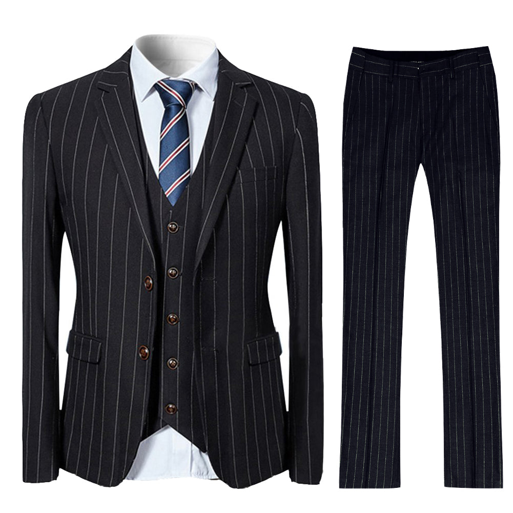 Cloudstyle Mens 3 Piece Stripe Suit Set Center Vent 2 Button Tux Blazer Jacket Vest Trousers
