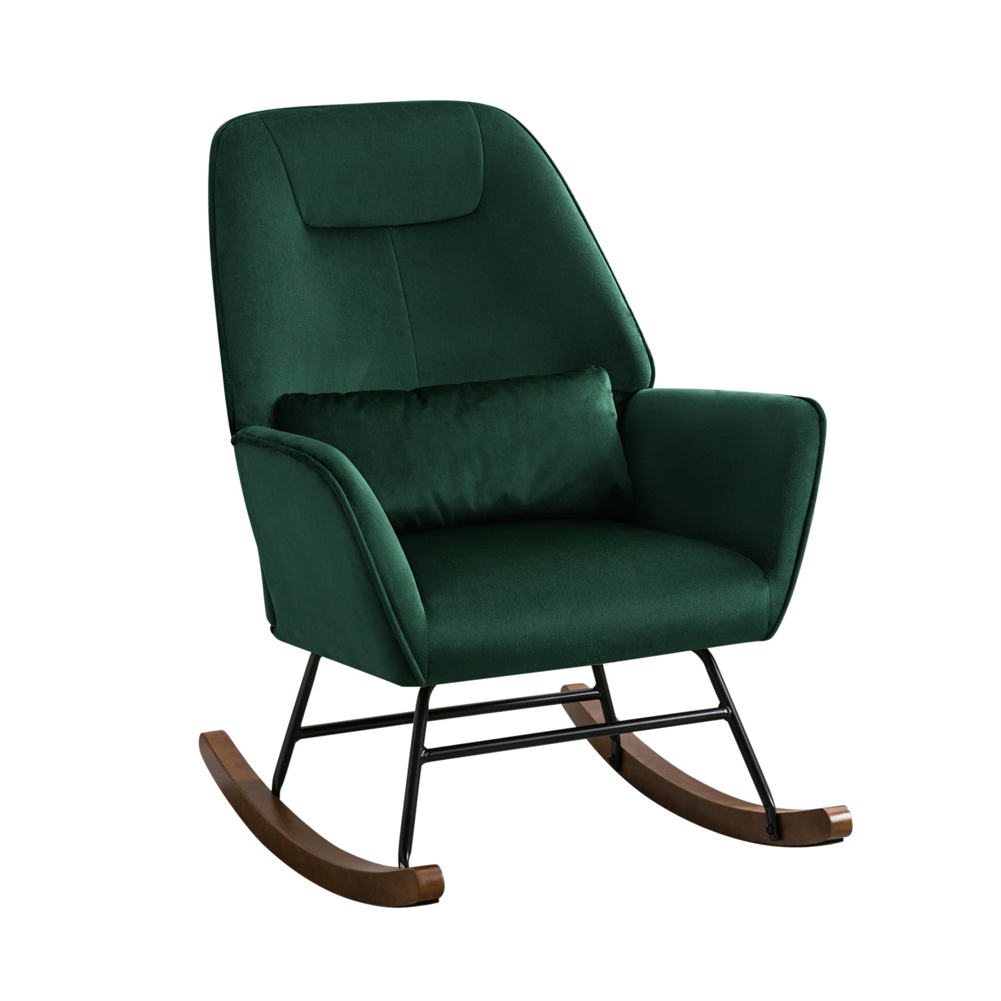 Fauteuil à Bascule en Velours Vert Foncé - Confort Lombaire Ergonomique - Pour Allaitement et Salon (Bois Massif & Métal)