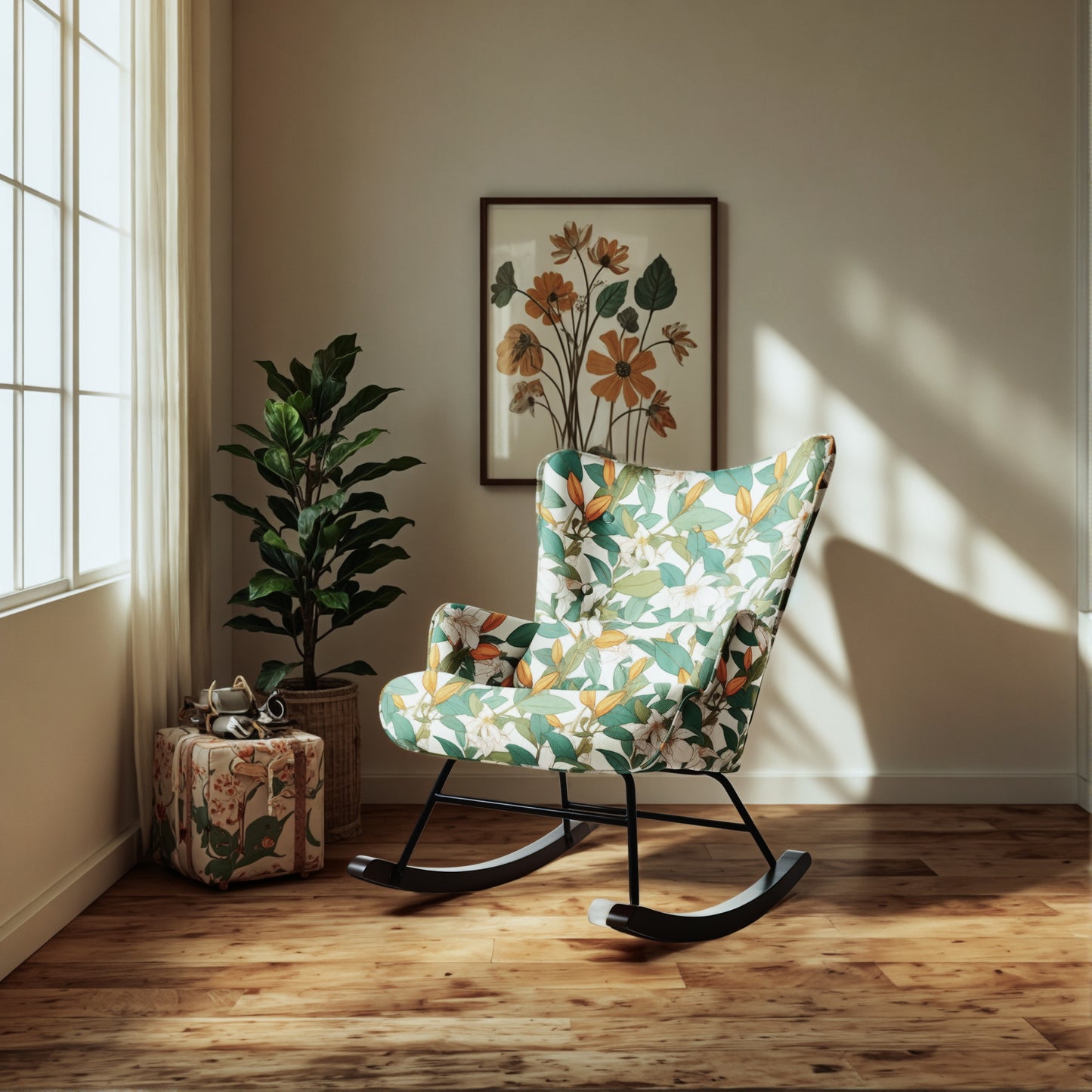 Cadeira de baloiço fixa em tecido de linho sintético: Padrão Lírio Verde e Branco - Elegância botânica intemporal