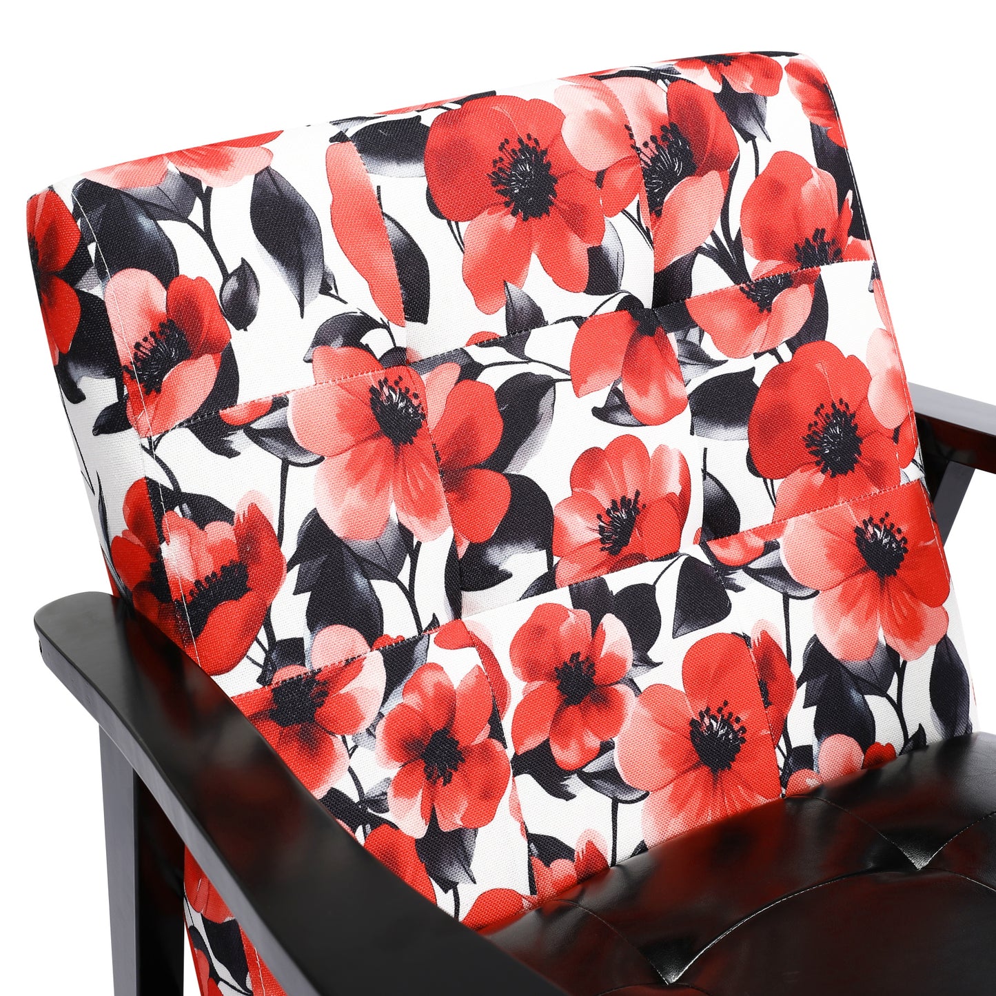 Zwarte Japanse bank met rode bloemen - Zwarte PU-armleuningen - Mid-Century Vintage-stijl