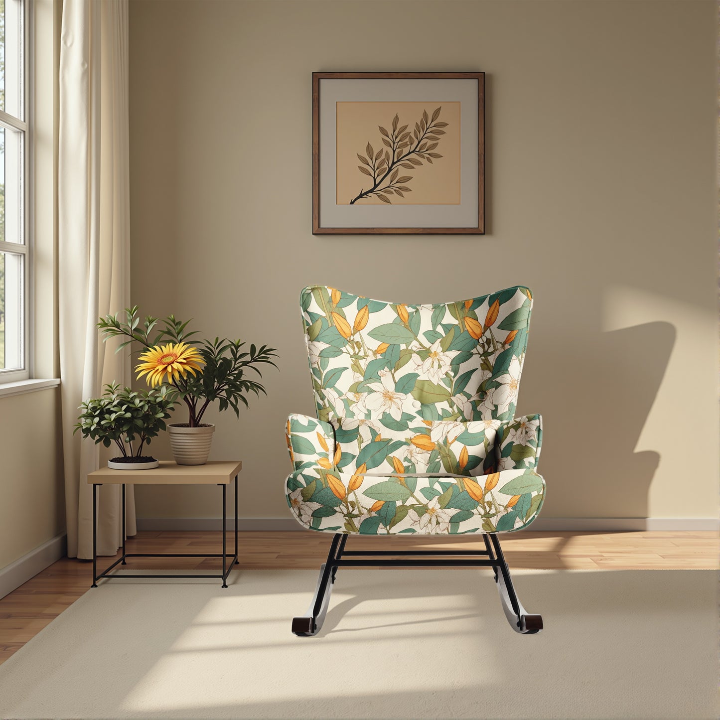 Cadeira de baloiço fixa em tecido de linho sintético: Padrão Lírio Verde e Branco - Elegância botânica intemporal