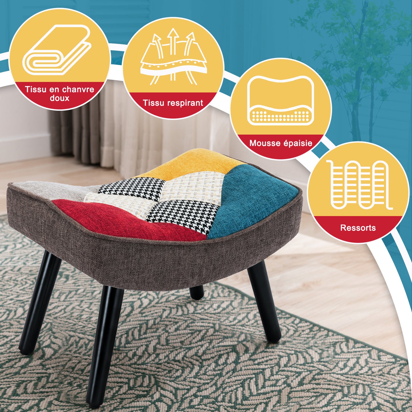 Patchwork fauteuil, kruk, oorfauteuil, schommelstoel, decoratieve accentpoef