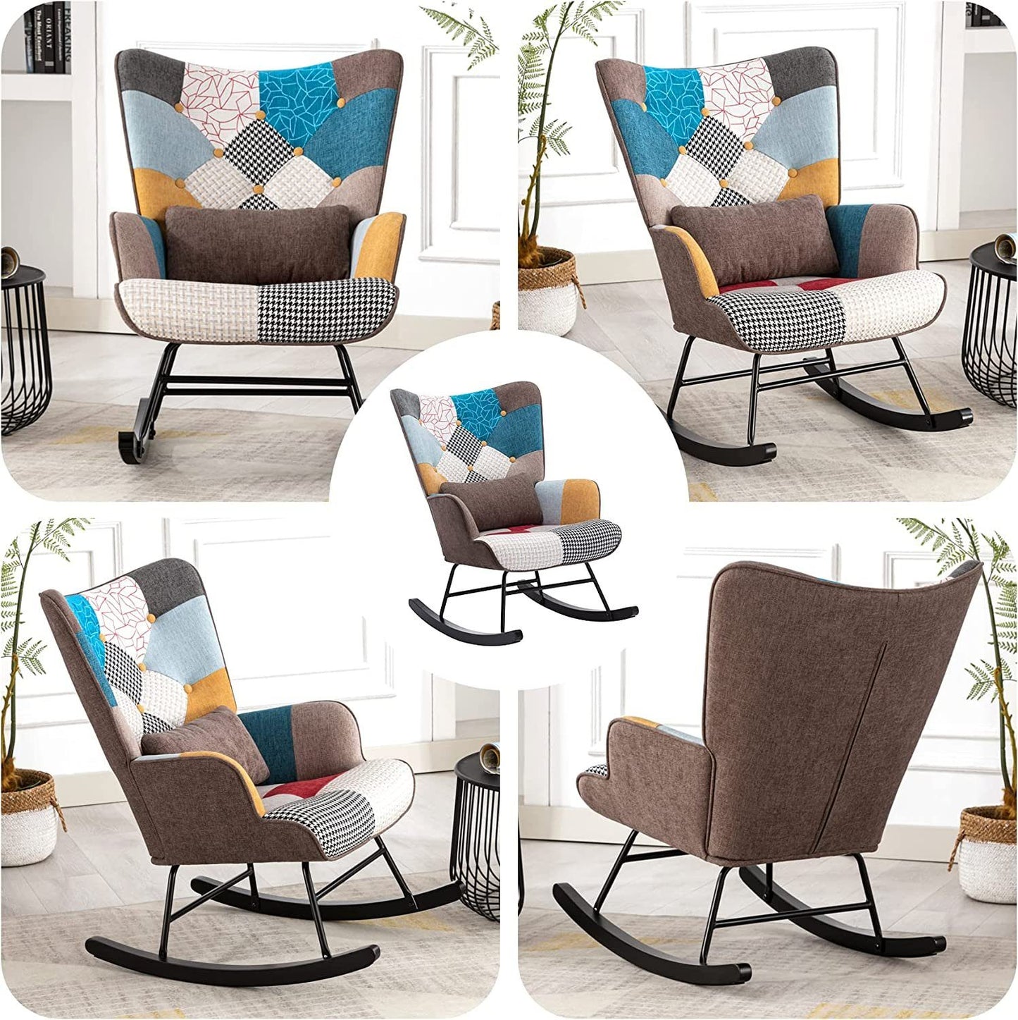 Fauteuil à Bascule Patchwork Rocking Chair Berçante Allaitement Bébé avec Oreiller Style Scandinave Tissu en Lin Bois d'Hévéa