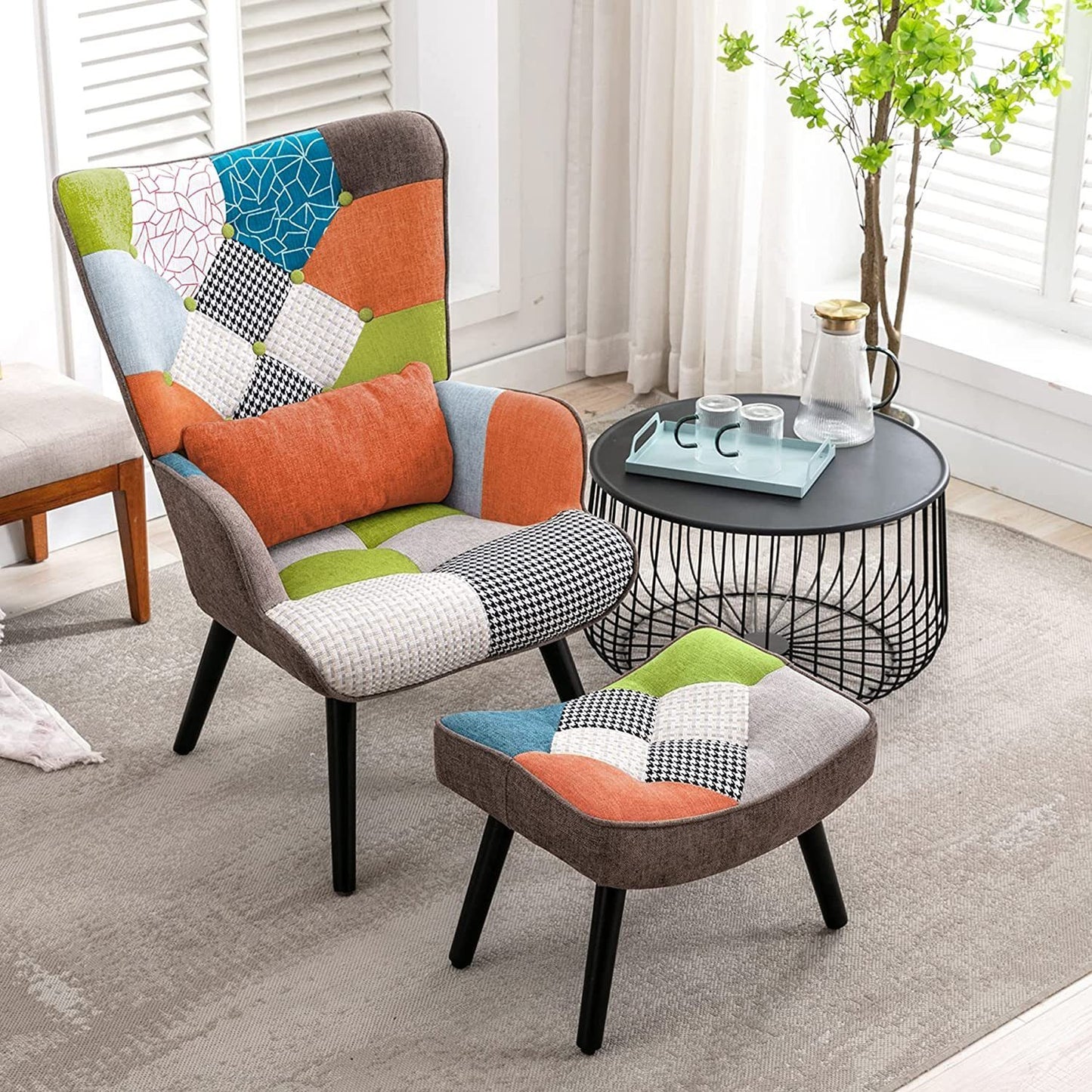 Fauteuil Salon Patchwork avec Repose Pieds en Tissu Lin Multicouleur, Fauteuil Scandinave en Bois Massif avec Support Lombaire, Lin