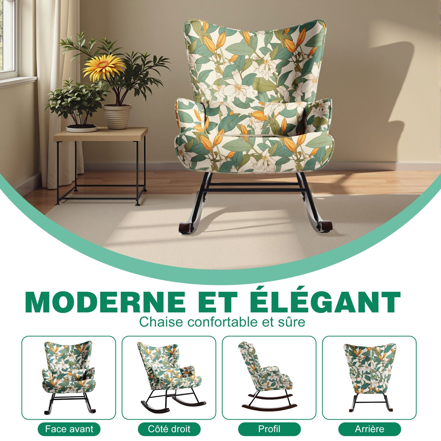 Fauteuil à Bascule Fixe en Tissu Imitation Lin : Motif Lys Vert & Blanc - Élégance Botanique Intemporelle