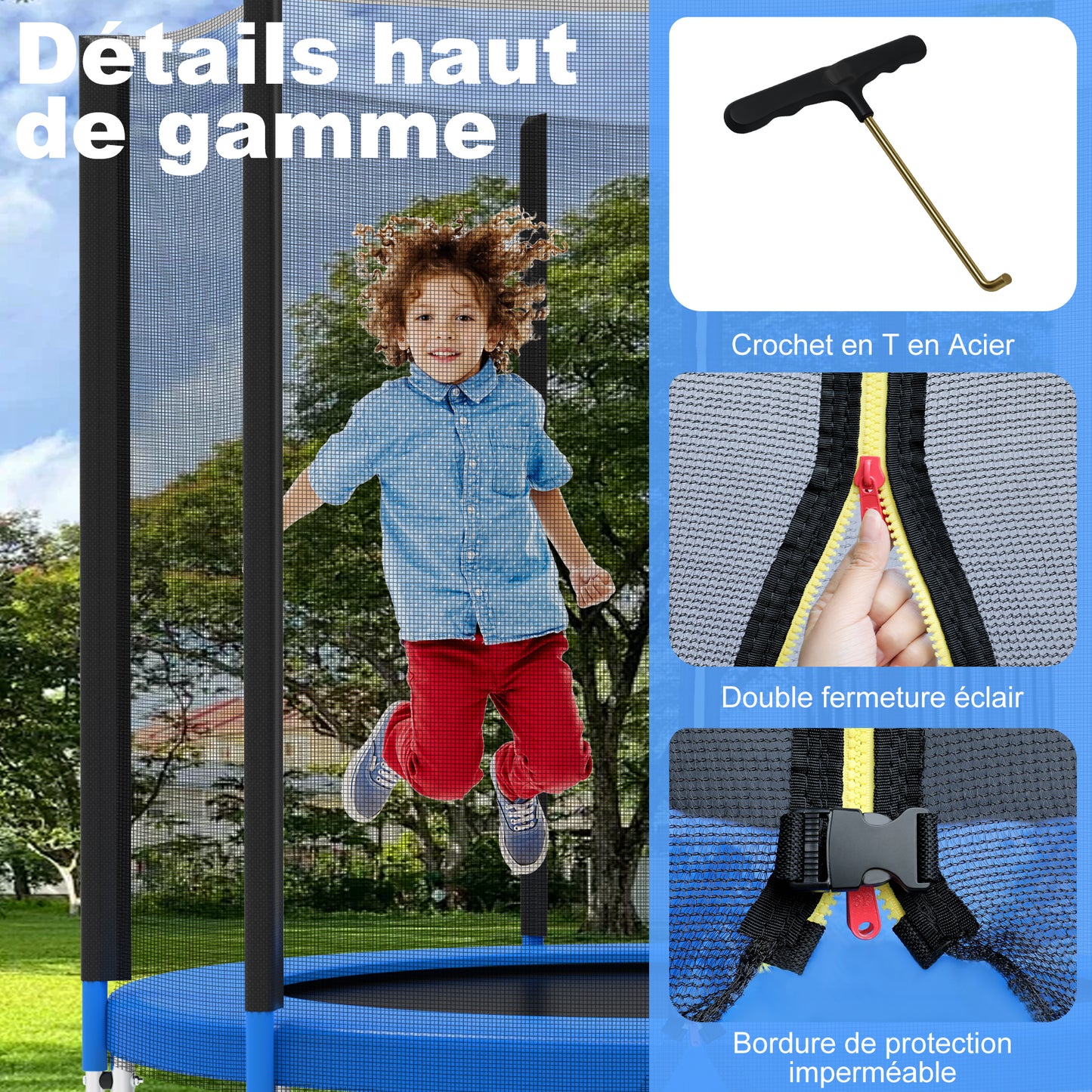 Trampoline Jardin 183cm - Enfants/Adultes, Filet Sécurité + Couverture - Noir/Bleu - Jeux Extérieur