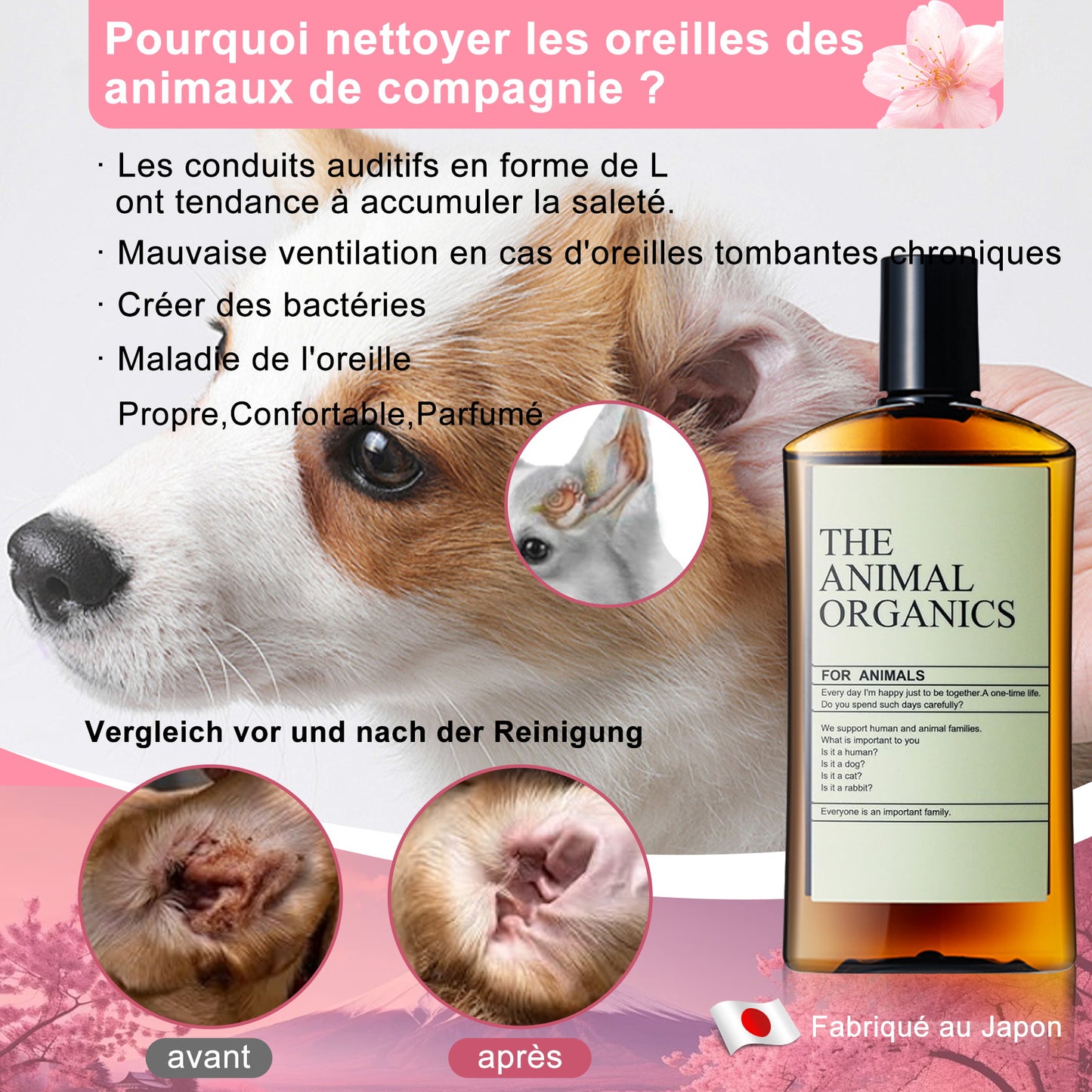 Soins THE ANIMAL ORGANICS Gouttes pour les oreilles de chien Fabriquées au Japon 100 ml