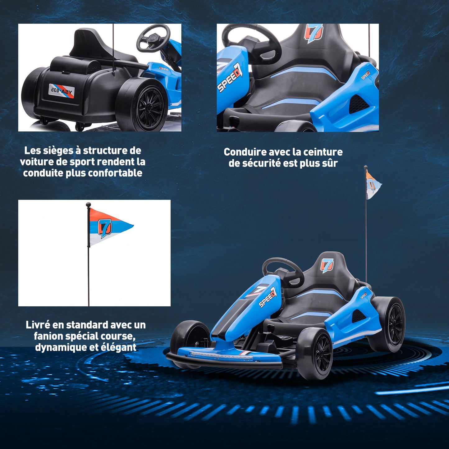 HOMEMiYN 24 V 13 km/h Elektro-Driftkart mit Sanftanlauf, Musik, Hupe, Sicherheitsgurt für Kinder von 8–12 Jahren (blau)