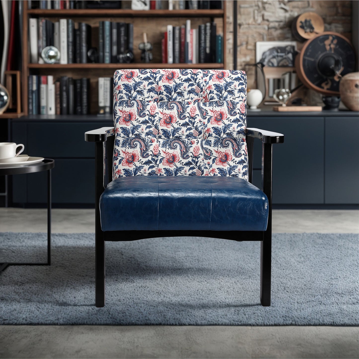 Canapé d'Appoint Japonais - Toile Fleurie Bleu/Rouge & Accoudoirs PU Noir - Design Vintage Mid-Century