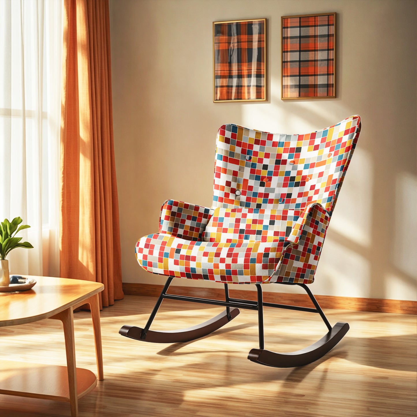 Cadeira de baloiço HOMEMIYN: Tecido de linho sintético, padrão de mosaico colorido - 91X67X86CM