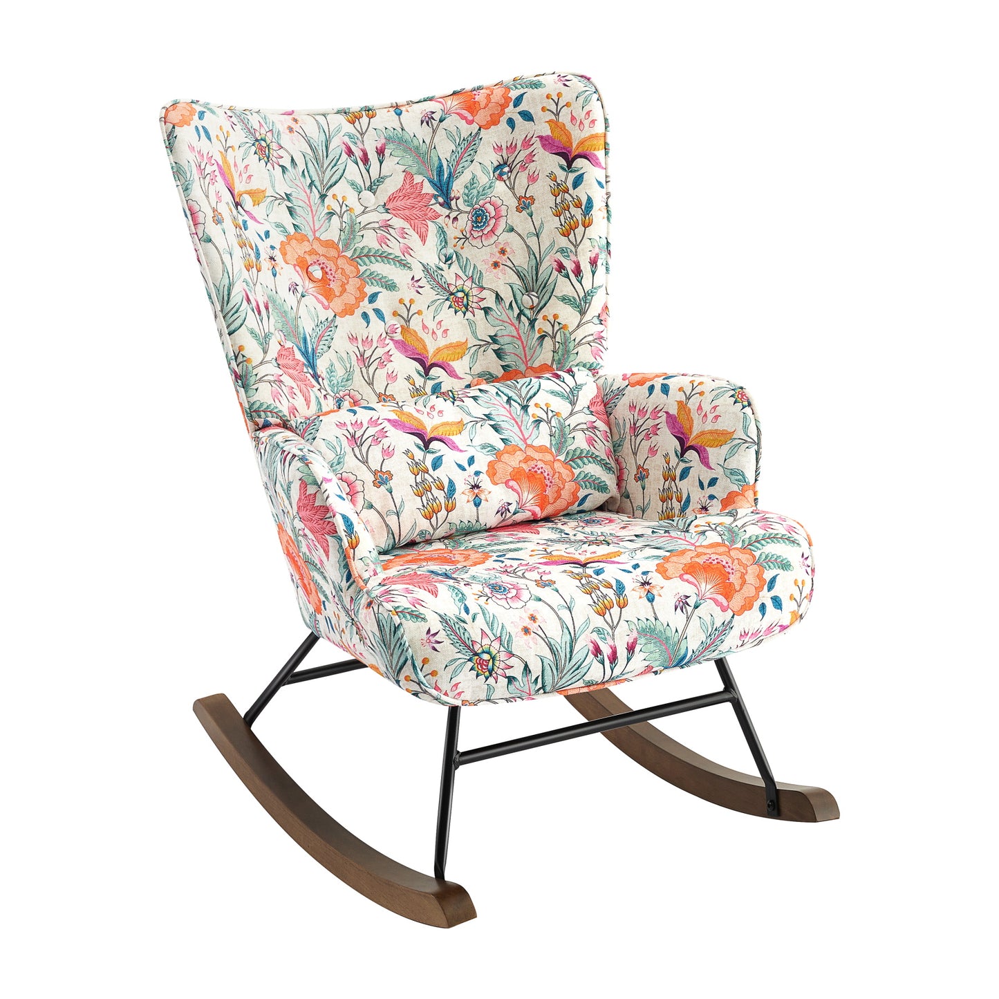 Fauteuil à bascule en velours de luxe avec cadre métallique et pattes en bois pour une chambre confortable