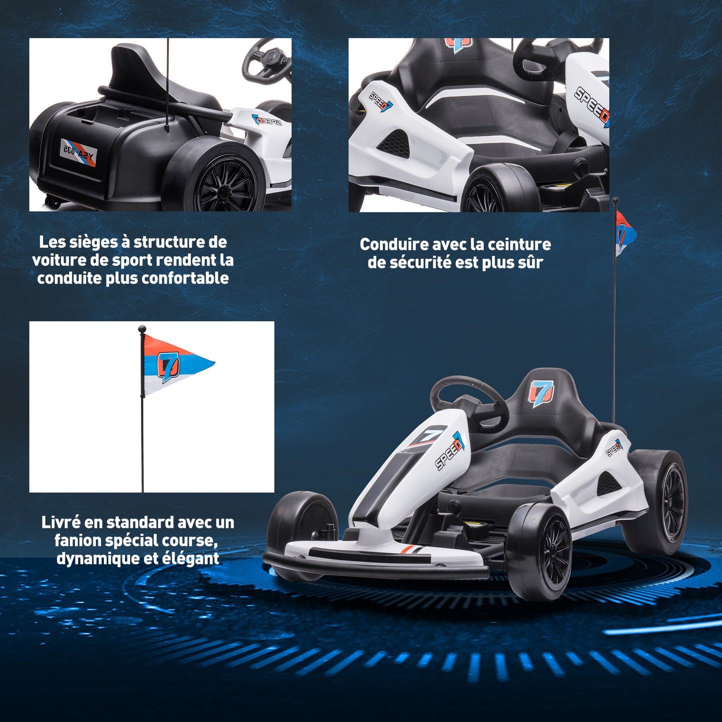 HOMEMiYN 24V 13 km/u elektrische driftkart met zachte start, muziek, claxon, veiligheidsgordel voor kinderen van 8-12 jaar (wit).