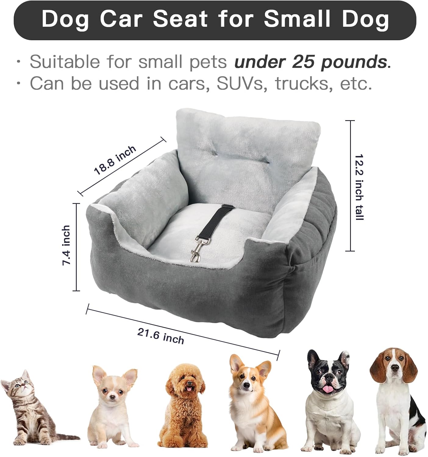 Siège auto pour chien avec ceinture de sécurité stable et sac de rangement, siège auto pour chien imperméable et lavable pour siège arrière et avantle gris