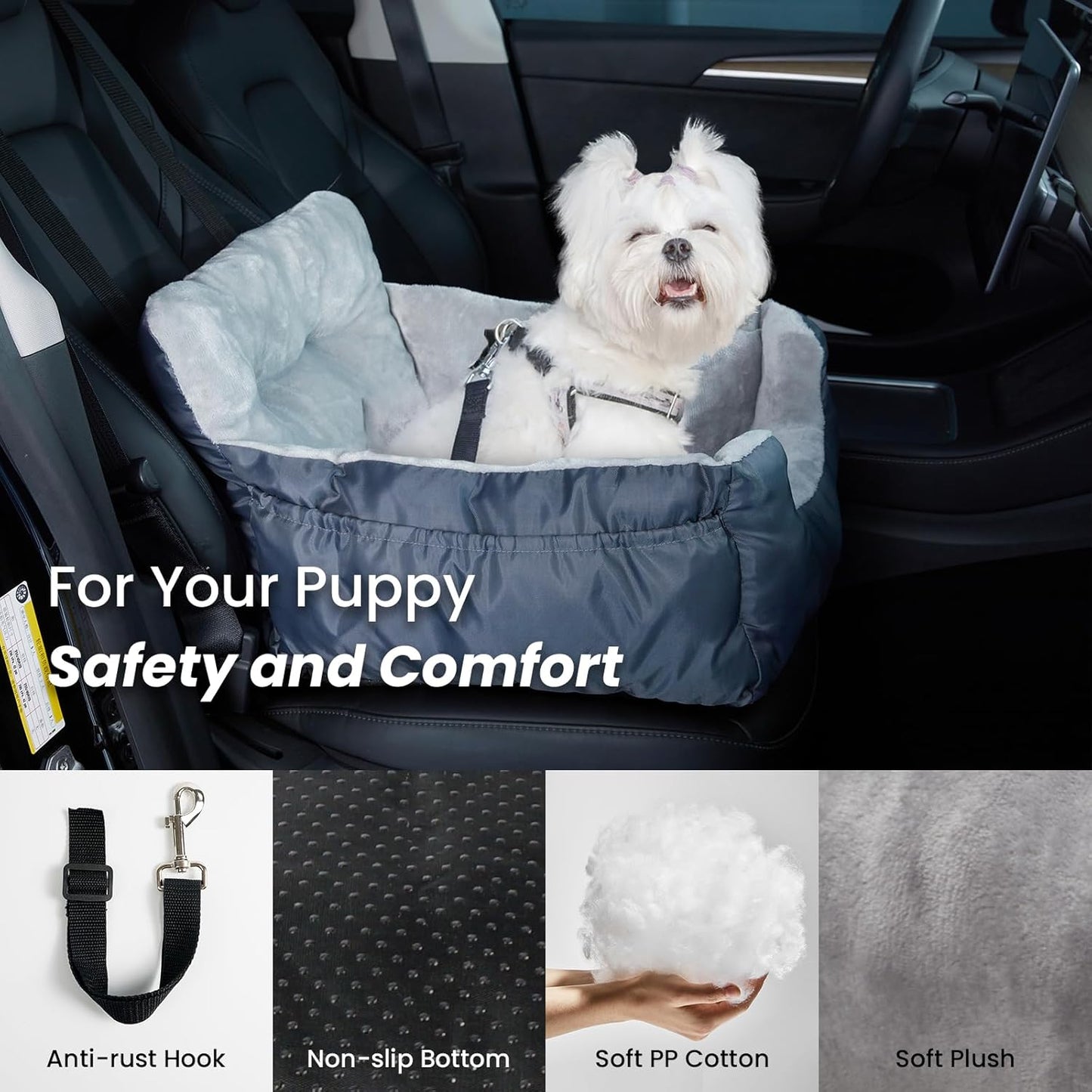 Siège auto pour chien sécurisé avec ceinture renforcée et poche de rangement, imperméable et lavable, adapté aux sièges avant et arrière, Noir