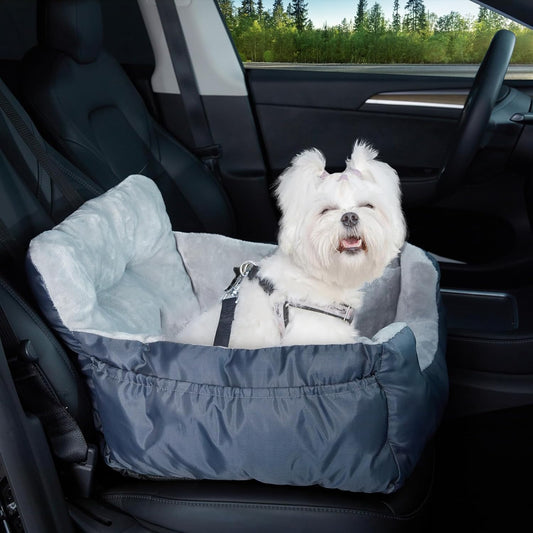 Assento para cães pequenos, assento para cães com cinto de segurança resistente e bolsa de armazenamento, impermeável e lavável, adequado para banco traseiro e dianteiro, cinza.