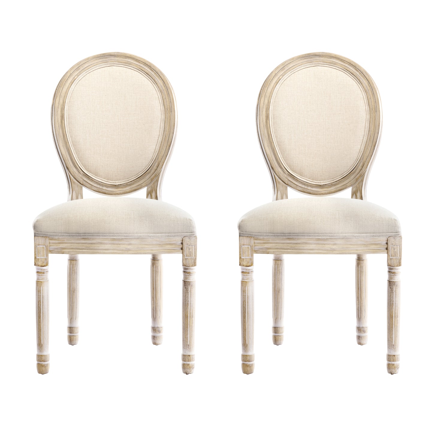 Vintage Style Dining Chairs, Set of 2 – Padded Fabric Upholstery with Round Back & Rubberwood Legs – Beige