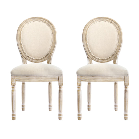 Vintage Style Dining Chairs, Set of 2 – Padded Fabric Upholstery with Round Back & Rubberwood Legs – Beige