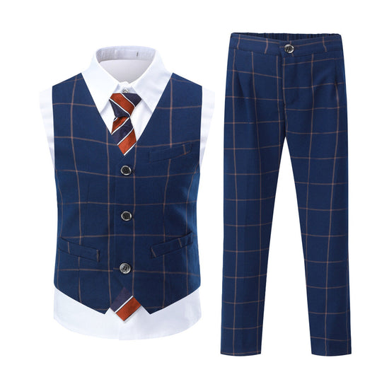 YFFUSHI 4-Pcs Boys Plaid Vest Set Formal Dress Suits Wedding Outfit