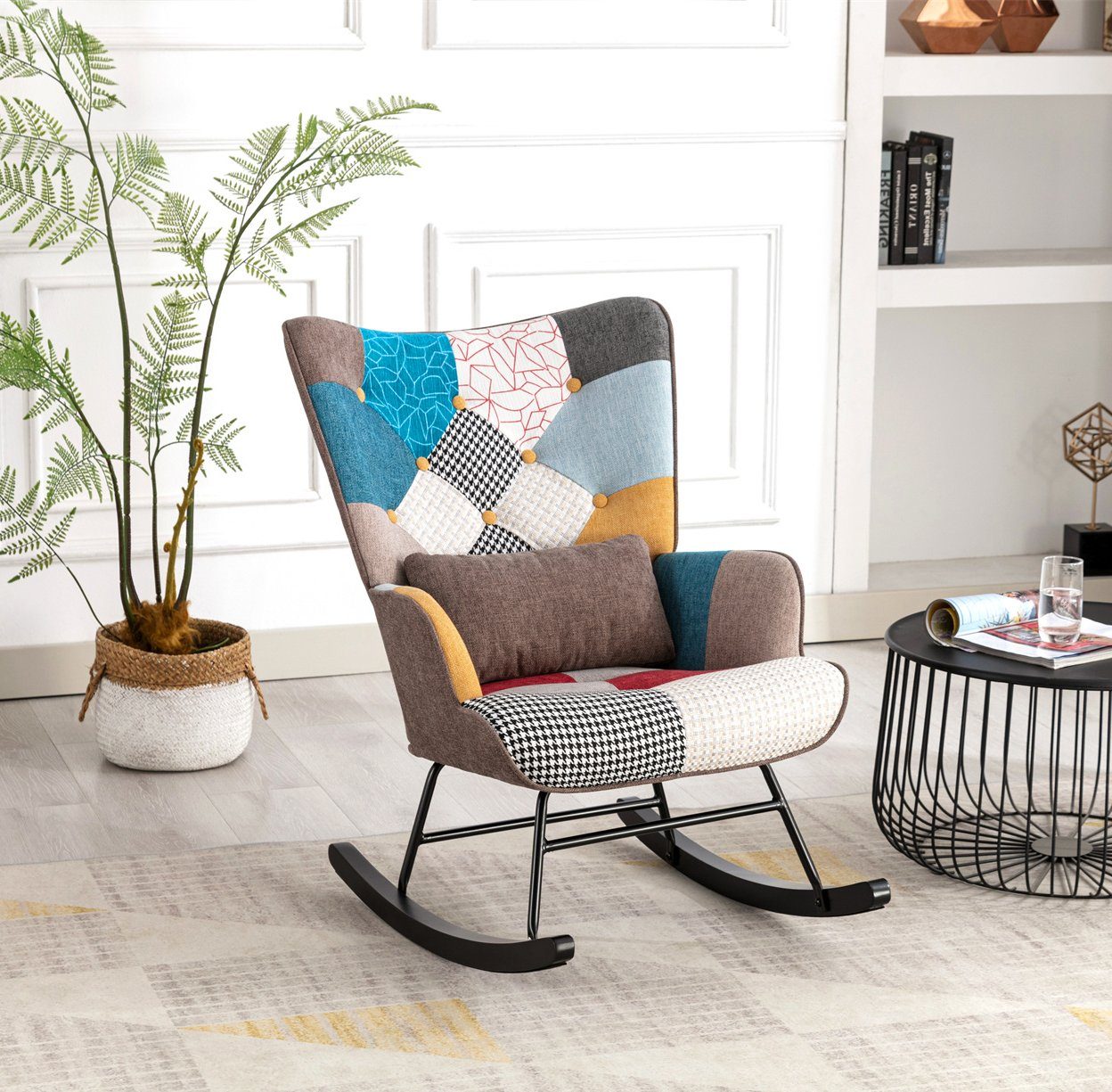 Fauteuil à Bascule Patchwork Rocking Chair Berçante Allaitement Bébé avec Oreiller Style Scandinave Tissu en Lin Bois d'Hévéa