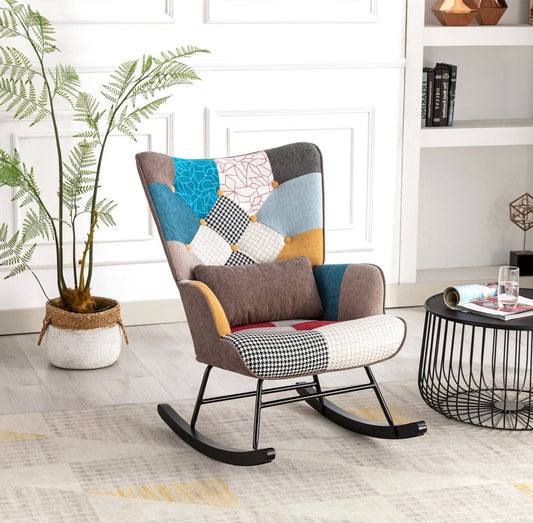 Fauteuil à Bascule Patchwork Rocking Chair Berçante Allaitement Bébé avec Oreiller Style Scandinave Tissu en Lin Bois d'Hévéa