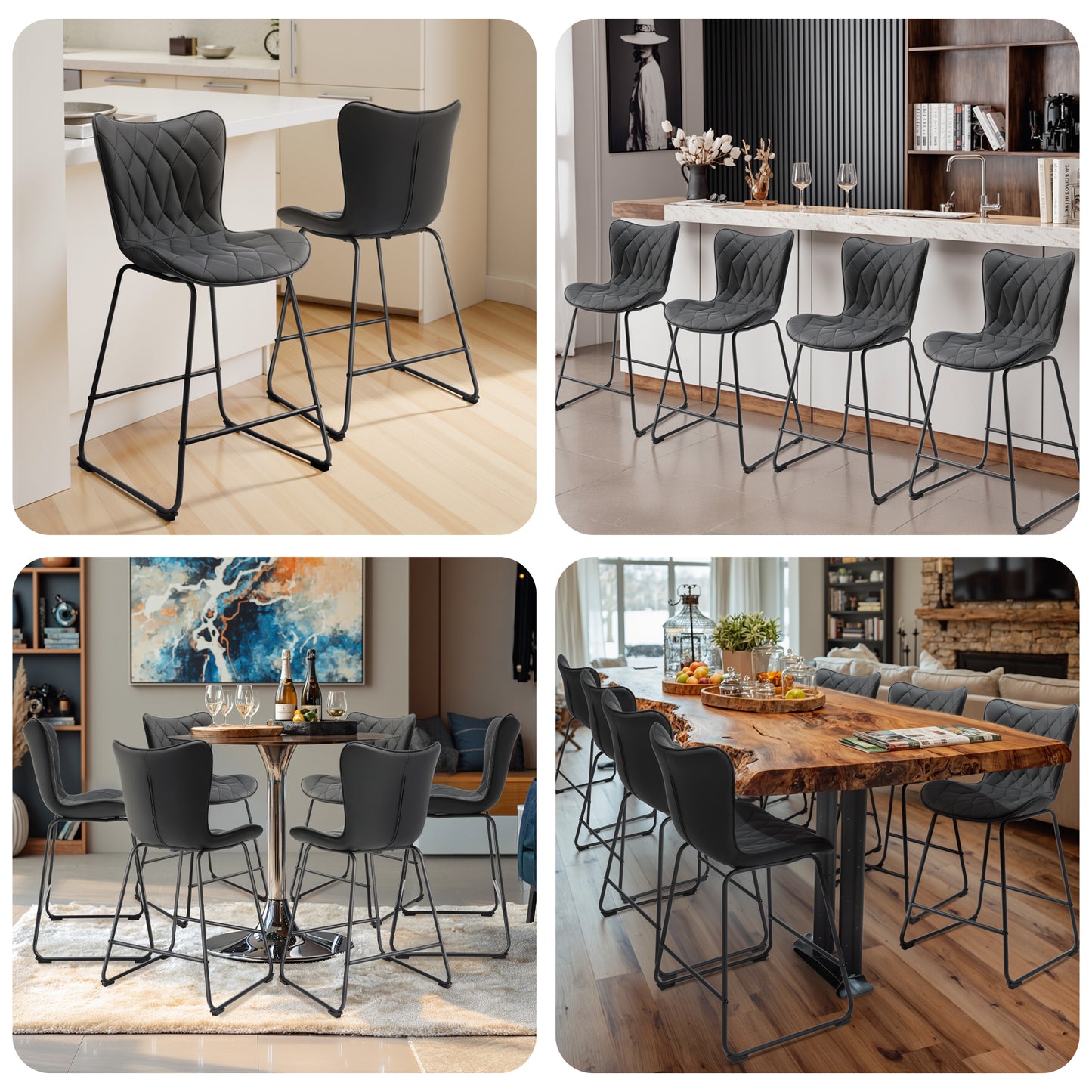 Set van 2 moderne barkrukken HomeMiYN – Zwart faux-leer met ruitpatroon