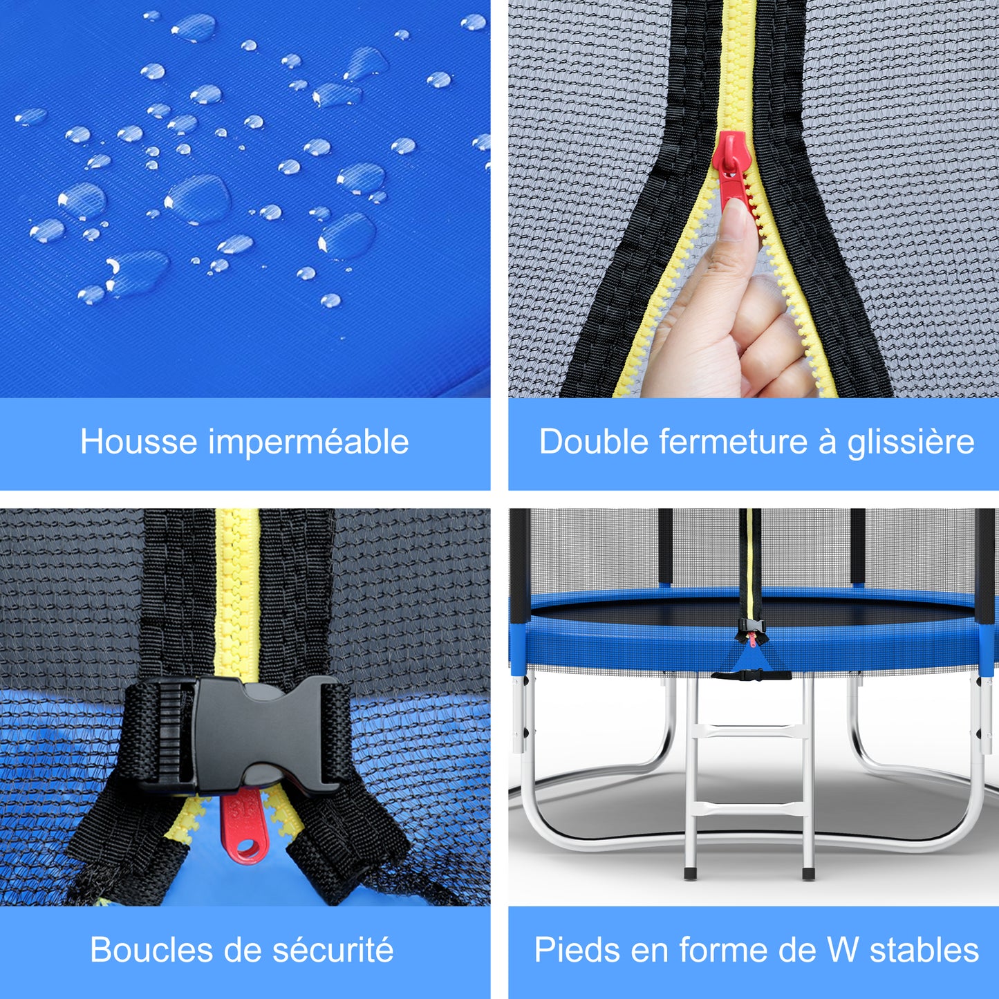 Trampoline Jardin Rond Ø 183 cm - Noir/Bleu - Filet Sécurité + Bâche + Échelle Inclus