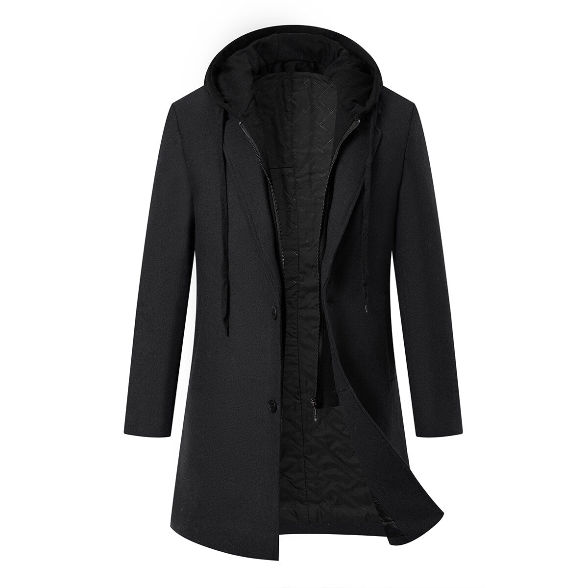 YFFUSHI Mens Hooded Long Wool Coat Padded Zipper Winter Outing Jacket