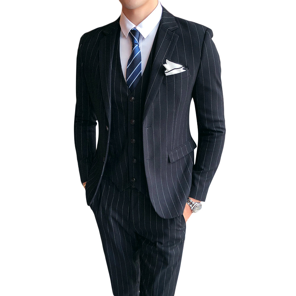 Cloudstyle Mens 3 Piece Stripe Suit Set Center Vent 2 Button Tux Blazer Jacket Vest Trousers