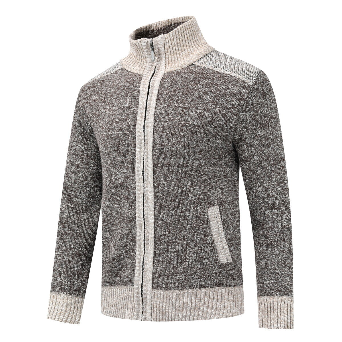 YFFUSHI Mens Thick Color Block Stand Collar Knitted Sweater