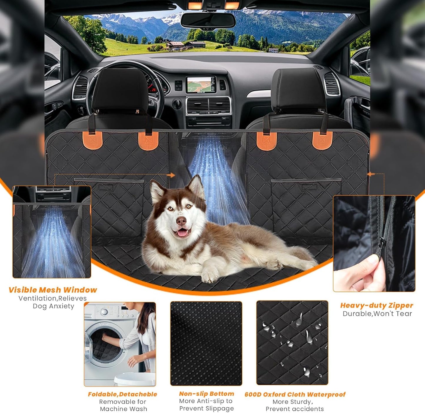 Housse de siège auto pour chien avec fond rigide, housse de protection pour siège auto, imperméable, résistante aux griffes et antidérapante, avec plaque de base stable, noire.
