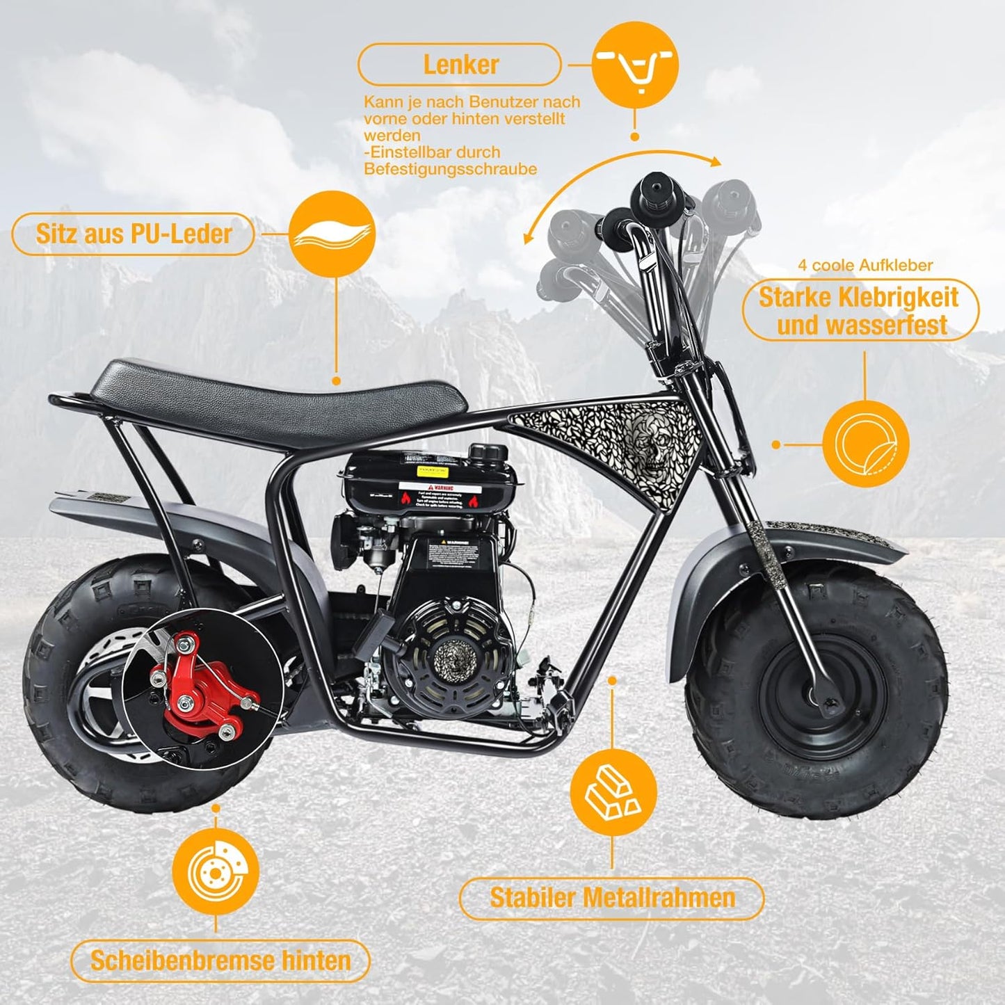 Oryxearth Mini motocicleta Harley-Davidson Off-Road 105cc(100x38x66.5 cm - Motor 4-Tempos a Gasolina Automática - Idade 13+)