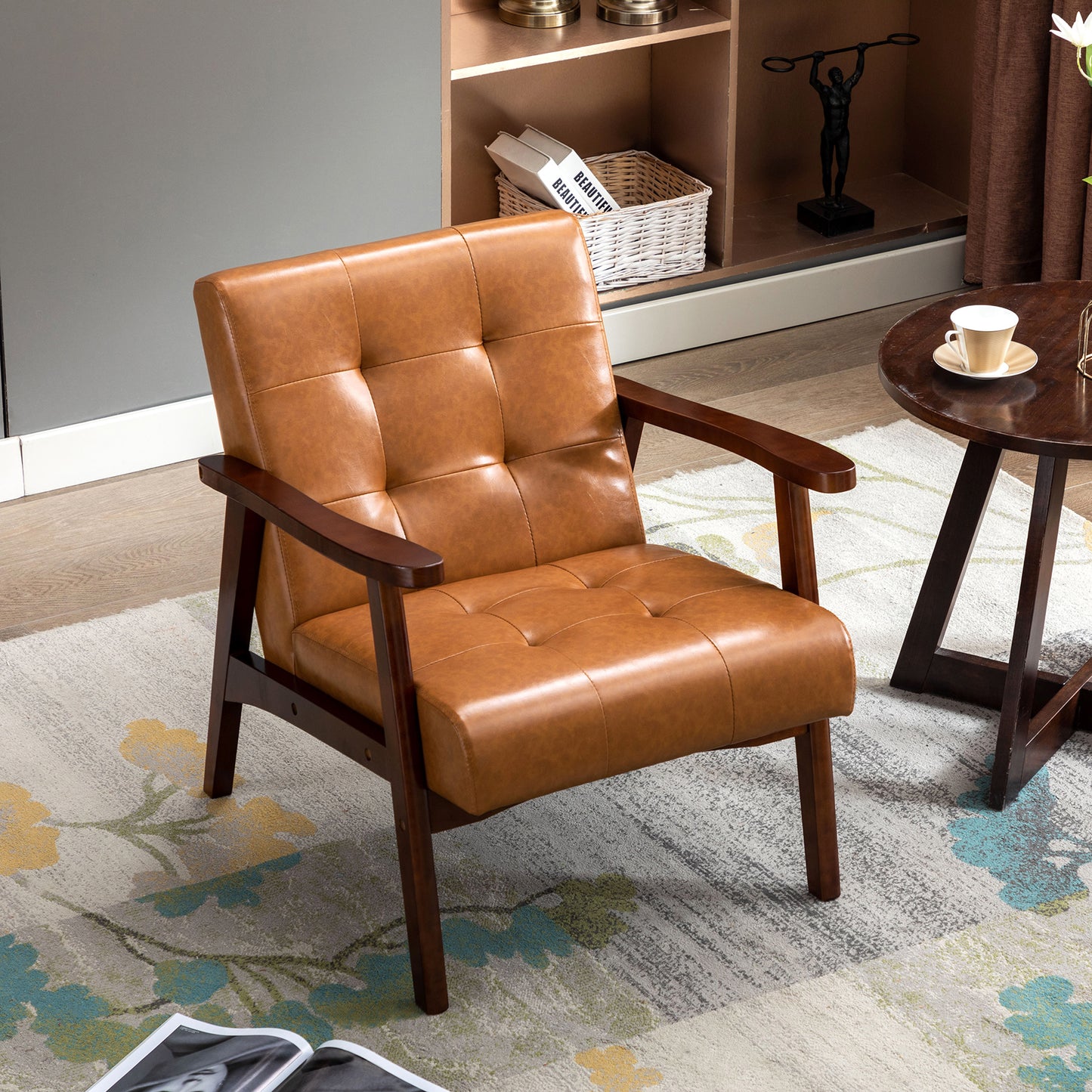 Fauteuil en bois au design scandinave et cuir Caramel-L 67 x L 76 x H 76 cm