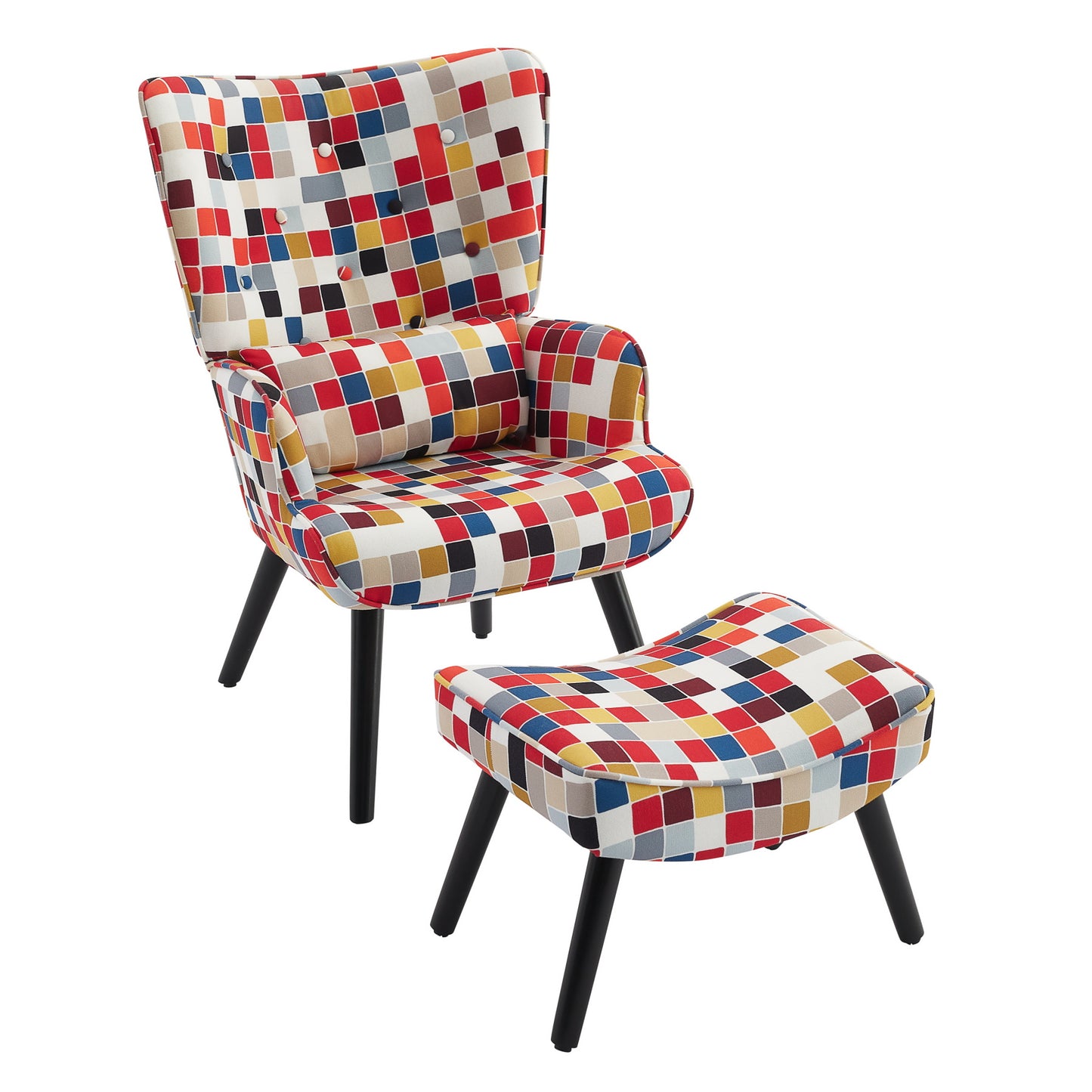 Poltrona HOMEMIYN com Almofada e Banco（76x65x94 cm - Tecido de Linho Falso com Padrão Mosaico - Colorida）