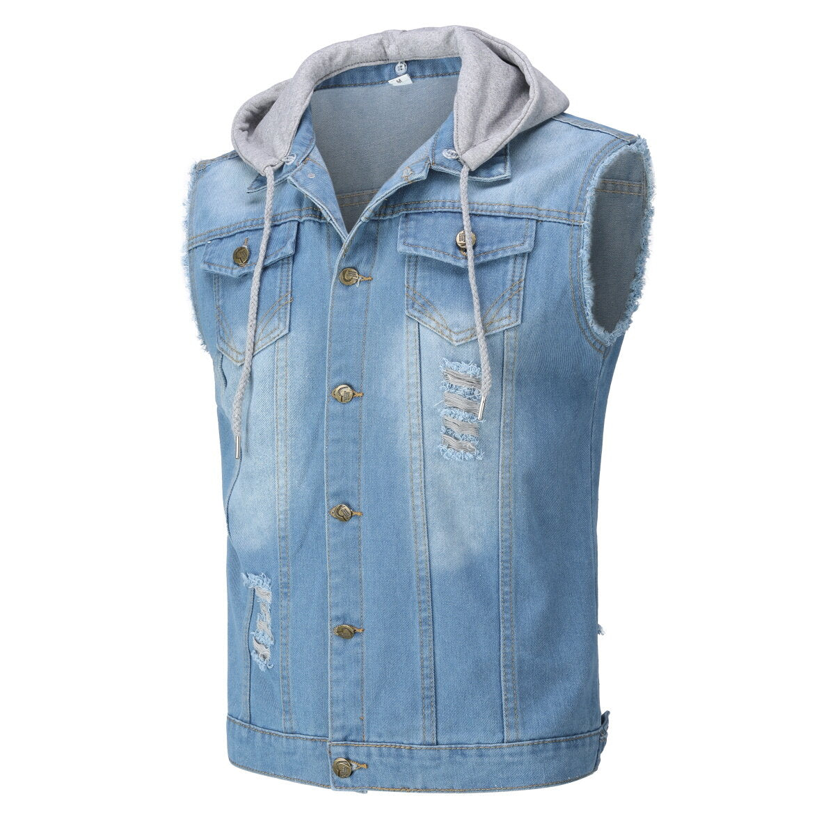 YFFUSHI Mens Hooded Denim Vest Casual Vintage Ripped Outerwear Cowboy Gilet