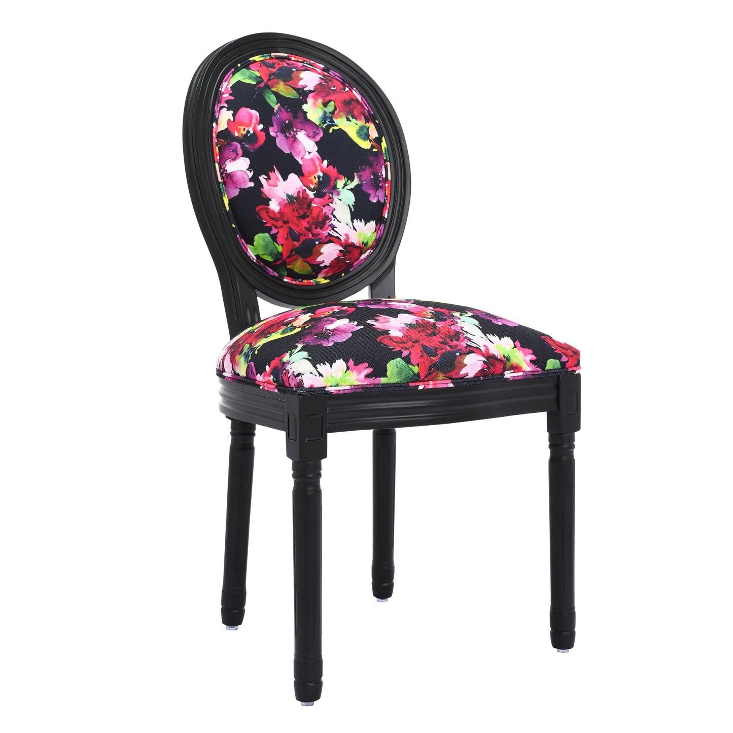 2 eetkamerstoelen: zwart frame, fel bloemenpatroon op zwarte achtergrond - 56x50x94,5 cm - Hedendaags Chinees design