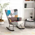 Fauteuil à Bascule Patchwork Rocking Chair Berçante Allaitement Bébé avec Oreiller Style Scandinave Tissu en Lin Bois d'Hévéa