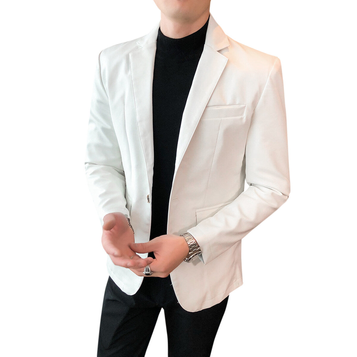YFFUSHI Mens Slim Fit Shiny Glossy Waterproof Leather Blazer