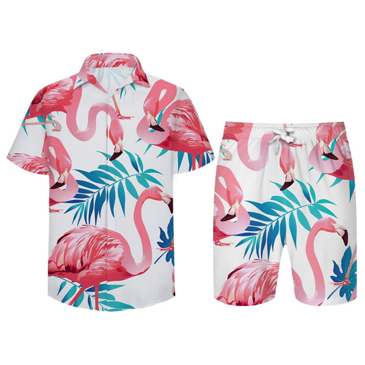 Mens Summer Hawaiian Flamingo Shirt and Shorts Outfit Set
